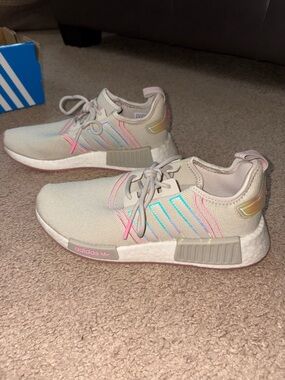 adidas Women’s NMD_R1 Sneakers in Light Beige with Pink and Aqua Accents